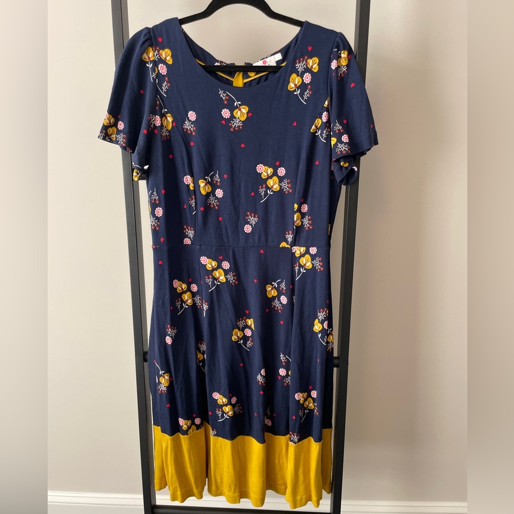 Boden Erica Ponte Dress - Navy with Yellow Floral Design, Like New